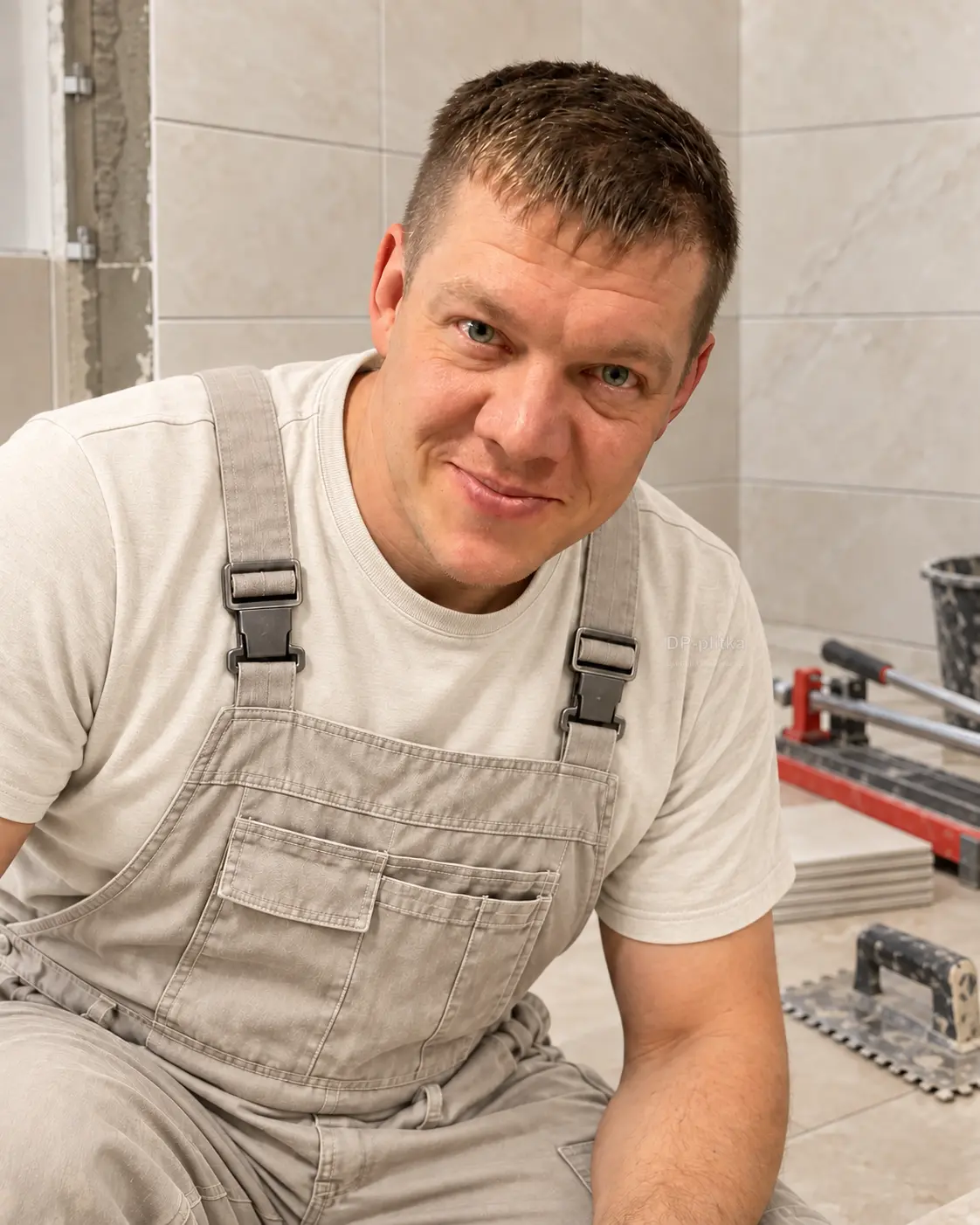 Дмитрий в рабочем комбинезоне на фоне плитки и инструмента